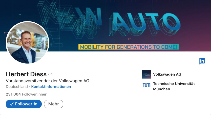 Herbert Diess im LinkedIn Profil als Personenmarke
