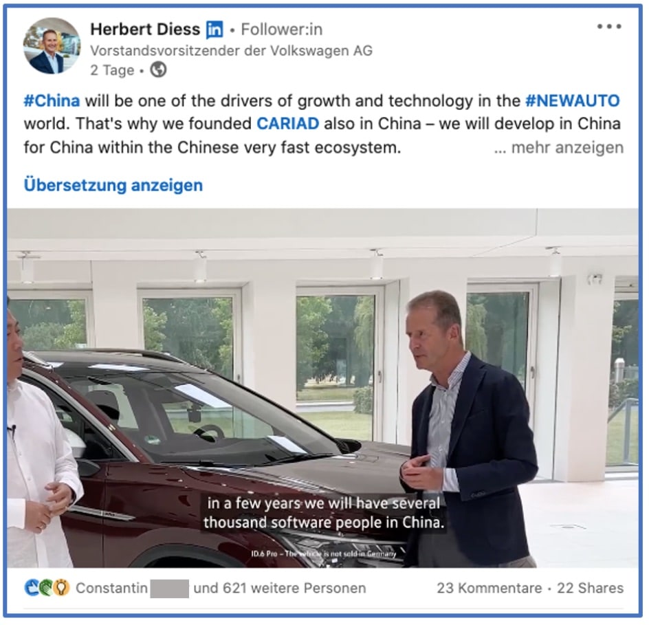 Informativer LinkedIn Post von Herbert Diess 